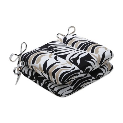 2pc 18.5" x 15.5" Outdoor/Indoor Rounded Chair Pad Palm Stripe Black/Tan - Pillow Perfect