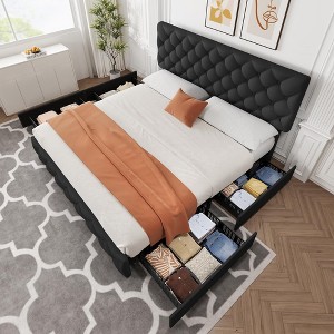 Coolmee Full/Queen/King Bed Frame with 4 Storage Drawers and Adjustable Headboard, Linen Upholstered Platform Beds, Diamond Stitched Button Tufted - 1 of 4