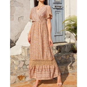 Women's Summer Bohemian Floral Maxi Dress with Short Sleeves, V-Neck, High Waist, and Ruffle Details - 1 of 4