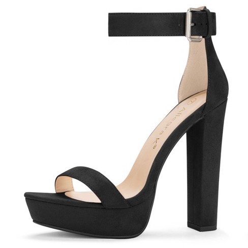 Women's Platform Chunky High Heels, Black Round Toe Ankle Buckle