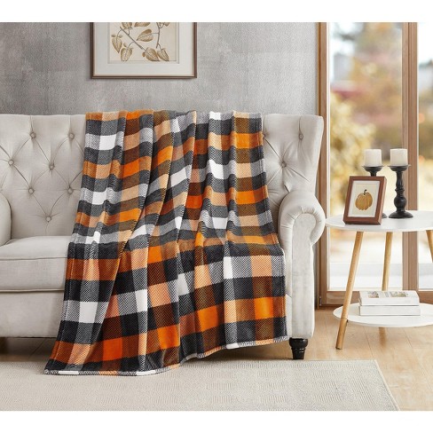 Kate Aurora Autumn Accents Fall Halloween Harvest Plaid Ultra Soft Oversized Accent Plush Throw Blanket 50 In. X 70 In