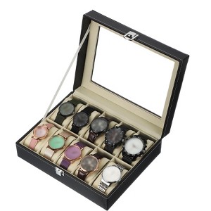 Unique Bargains PU Leather Glass Cover Wooden Watch Storage Box - 1 of 4