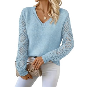 Womens V Neck Tops Lace Knit Long Sleeve Casual Pullover Sweater Top - 1 of 4