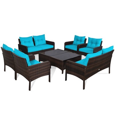 Tangkula 8PCS Rattan Patio Conversation Set Outdoor Furniture Set Cushioned
