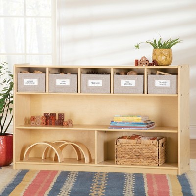 Guidecraft EdQ Shelves and 5 Bin Storage Unit 30": Kids' Wooden Bookshelf Cubby Shelving with Organization for School and Home