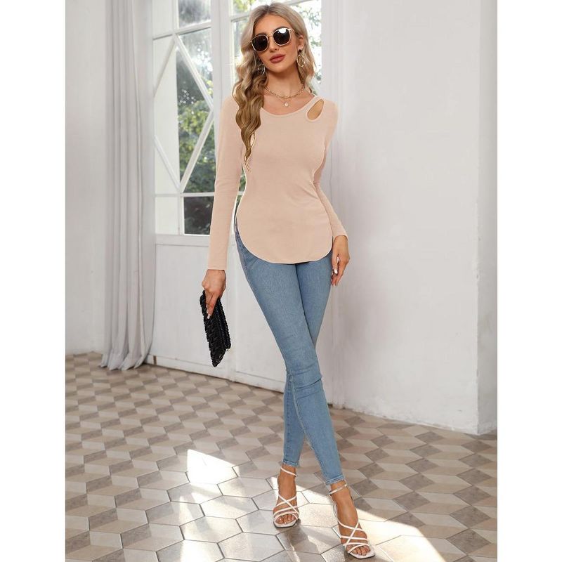 Women’s Long Sleeve Cutout Asymmetrical Neck Tshirt Slim Fit Tunic Blouse, 3 of 6
