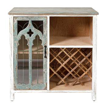 LuxenHome Distressed White and Gray Wood 1-Door Storage Wine Cabinet
