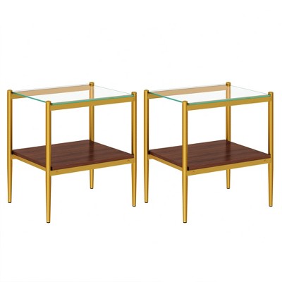 LOVMOR 2-Tier Tempered Glass End Table Set of 2, Rectangle Coffee Tabletop with MDF Layer, Modern Side Table for Living Room