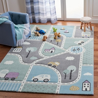 Enchanted Square Grey & Light Blue Kids' Play Rug - Easy Care Synthetic