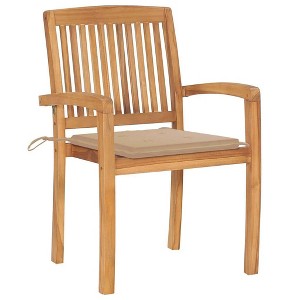 vidaXL 2 pcs Patio Chairs with Cushions, Stackable Retro Style Patio Furniture, Durable & Weather-Resistant Fine Sanded Teak Hard Wood - Beige - 1 of 4
