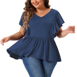 Agnes Orinda Women's Plus Size V Neck Ruffle Sleeve Pleated Peplum Blouses - 1 of 4