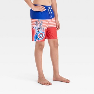Boys' Marvel Captain America Shield Swim Shorts - Blue/Red - 1 of 3