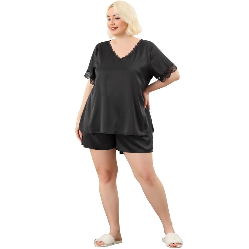 Agnes Orinda Women's Plus Size Summer Satin Lace V Neck Short Sleeve With Shorts Silk Pajamas Set, 3 of 7