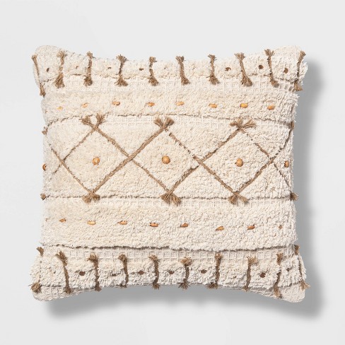 Square Textured Pillow With Jute Cording And Wooden Beads Neutral