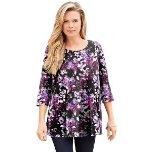 Roaman's Women's Plus Size Ultimate Three Quarter Sleeve Swing Tee - 1 of 4