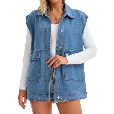 INSPIRE CHIC Women's Oversized Collared Button Down Sleeveless Long Denim Jacket