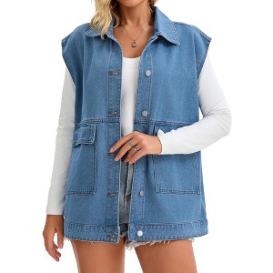 INSPIRE CHIC Women's Oversized Collared Button Down Sleeveless Long Denim Jacket - 1 of 4