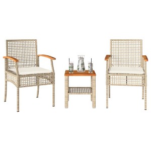 vidaXL 3 Piece Bistro Set with Cushions Beige Poly Rattan Acacia Wood - 1 of 4
