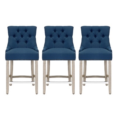 Blue Linen Tufted Wingback Counter Stool Set with Antique Gray Legs