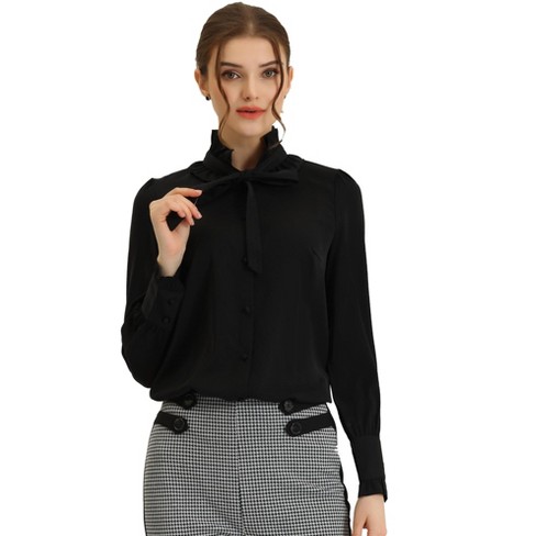 Women's Long Sleeve Blouses Tie Neck Lantern Sleeve Ruffle Trim Top Regular  Fit Shirt for Work : : Clothing, Shoes & Accessories