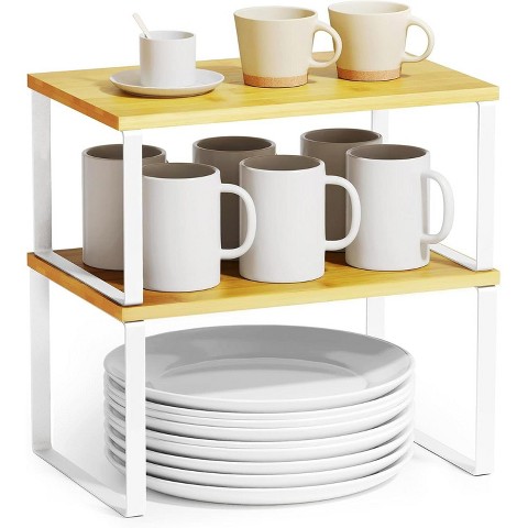 SpaceAid 2-Pack Kitchen Cabinet Shelf Racks, Expandable Spice Rack for Pantry & Cupboard Storage, White & Natural (Long)