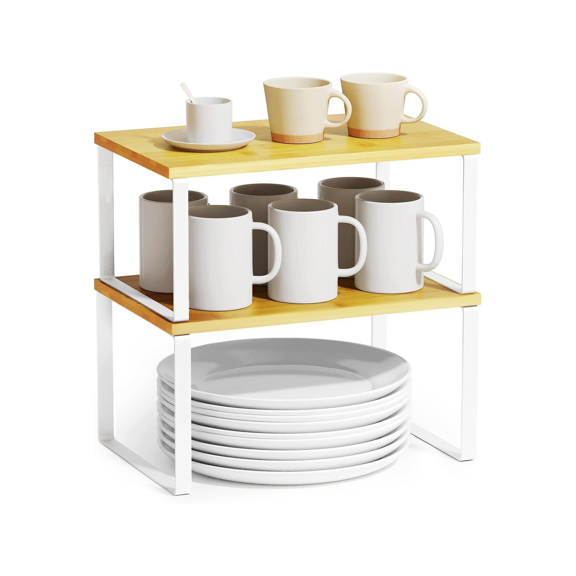 2-Pack Kitchen Cabinet Shelf Racks, Expandable Spice Rack for Pantry & Cupboard Storage, White & Natural (Short)-SpaceAid