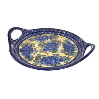 Blue Rose Polish Pottery Grapes Round Tray with Handles - Cobalt Trim