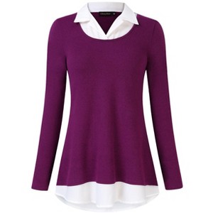 Women's Long Sleeve Contrast Collared Shirts Patchwork Work Blouse Tunics Tops - 1 of 4