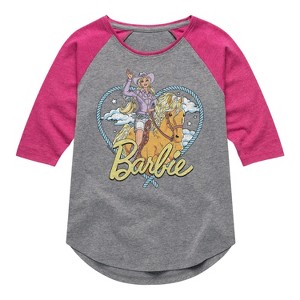 Girls' - Barbie - Western Barbie Heart Shirt Tail Raglan Graphic T-shirt - 1 of 3
