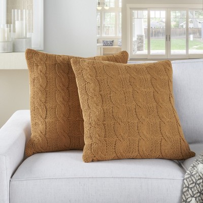 Gold Cotton Cable Knit 18" Square Throw Pillows Set of 2