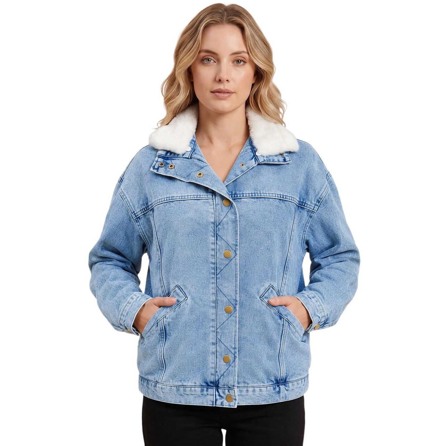 Женская куртка INSPIRE CHIC Fleece Collar Side Pocket Long Sleeve Button Down Outerwear Denim Jacket Large Snowflake Blue, цвет: Джинсовый — фото 1