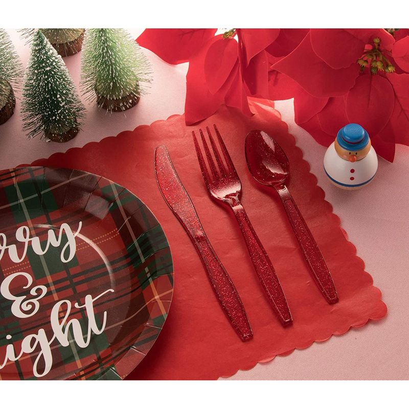 Juvale 96 Pieces Red Glitter Disposable Plastic Silverware Cutlery Set for Christmas Xmas Party Supplies & Decorations, 2 of 4