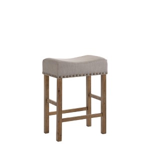26" Linen & Wood Backless Armless Counter Height Stool (Set of 2) with Nailhead Trim and Wood Legs for Kitchen Island or Dining Area - 1 of 4