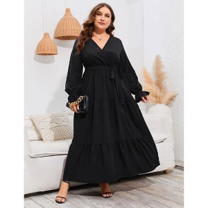 Plus Size Women's V-Neck long sleeve Maxi Dress High-Waist Pleated Hem for a Flattering and Elegant Look - 1 of 4