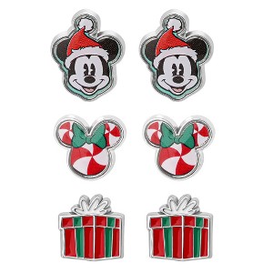 Disney Holiday Stud Earring Set, 3 Pairs - Mickey Santa, Peppermint Ears & Gifts, Silver‑Tone - 1 of 4