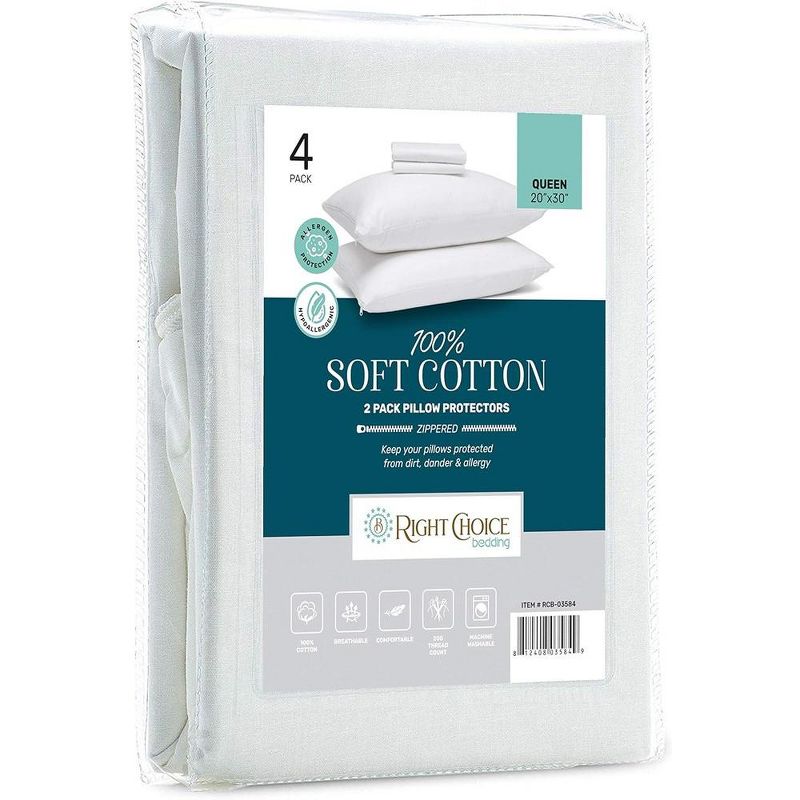 Right Choice Bedding 100% Cotton Pillow Protectors with Zipper– (4 Pack), 1 of 8