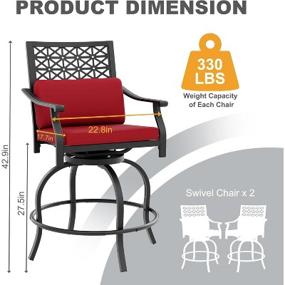 Outdoor Bar Stools Set of 2, 360° Swivel Bar Stools Counter Height with Cushion Armrest Back, Tall Outdoor Swivel BarStools for Backyard