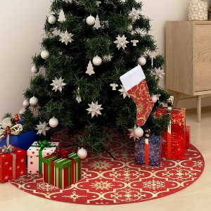 Aghana Digitals 4 ft Red Fabric Christmas Tree Skirt with Snow Pattern & Matching Sock - Soft, - 1 of 4