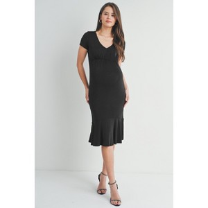 Hello Miz Women's V-Neck Short Sleeve Empire Waist Maternity Midi Dress with Ruffle Hem - Black - Small