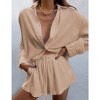 Women's  2 Piece sets  Button Down Shirt Long Sleeve Short Drawstring  Outfits - 2 of 4