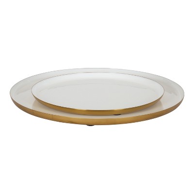 White and Gold Round Wood Decorative Tray Set