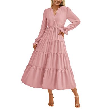 Women's Maxi Dress Long Sleeve v Neck a Line Tiered Flowy Ruffle Boho Dress for Wedding Guest Pink XL