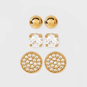 14K Gold Plated Cubic Zirconia Ball Pave Trio Stud Earring Set - A New Day™ Gold: Polished Basket Setting - 1 of 3