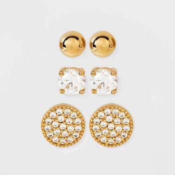 14K Gold Plated Cubic Zirconia Ball Pave Trio Stud Earring Set - A New Day™ Gold