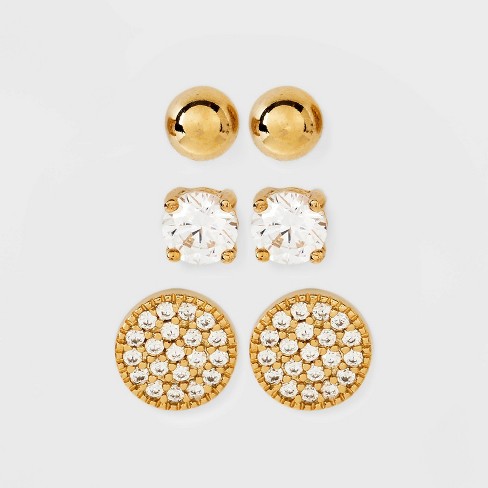 14k Gold Plated Cubic Zirconia Ball Pave Trio Stud Earring Set - A New ...
