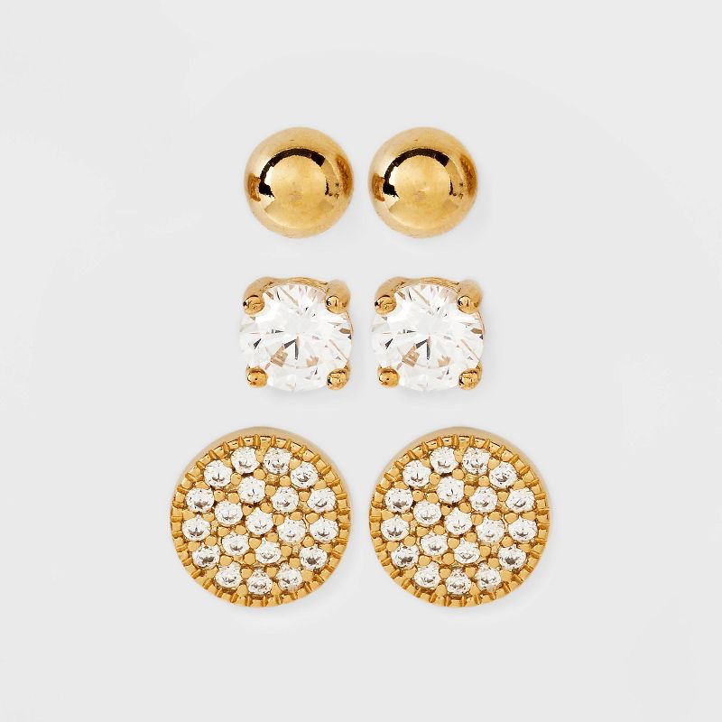 14K Gold Plated Cubic Zirconia Ball Pave Trio Stud Earring Set - A New Day&#8482; Gold, 1 of 5