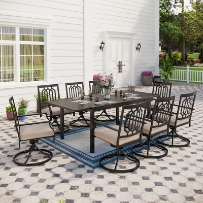 Captiva Designs 9pc Patio Slat-top Adjustable Steel Rectangle Table & Metal Chairs with Thick Cushions