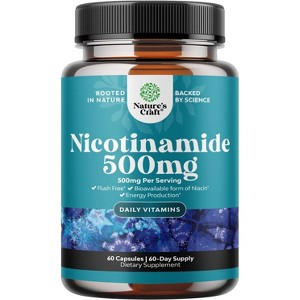 Vitamin B3 Nicotinamide 500mg Capsules, Mitochondrial Energy & Potent Skin Supplement, Flush Free Niacin Supplement, Nature's Craft, 60ct - 1 of 4