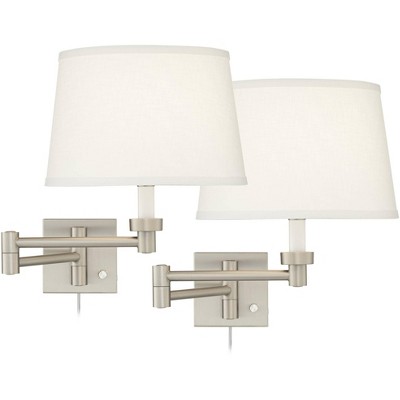 Possini Euro Design Modern Swing Arm Wall Lamps Set of 2 Brushed Nickel Plug-In Light Fixture White Drum Shade for Bedroom Bedside