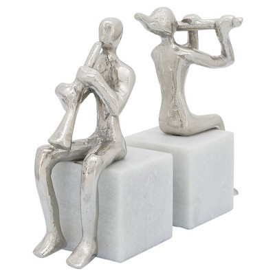 Sagebrook Home Set of 2 Metal Musician Bookends - Contemporary Marble and Aluminum Silver Decorative Bookend Sculptures